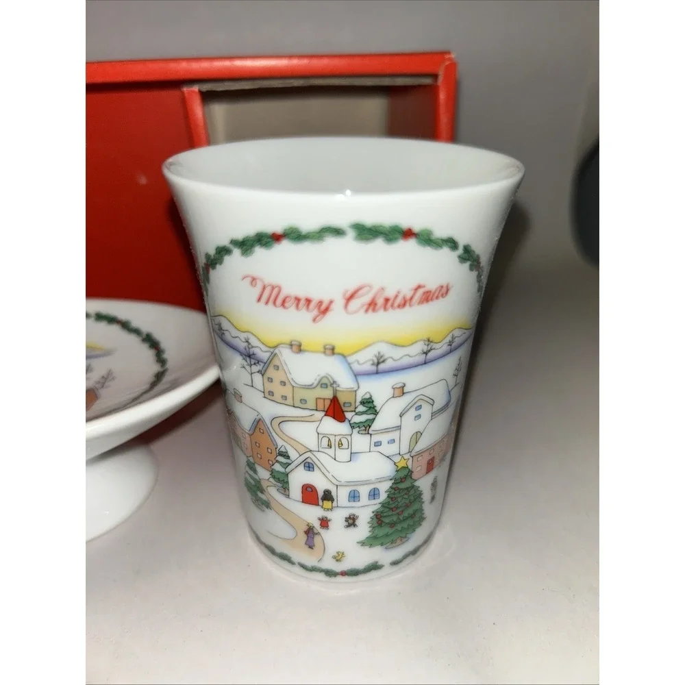 VTG Vanity Bathroom Set Soap Dish Tumbler Glass Christmas Scene Porcelain Japan